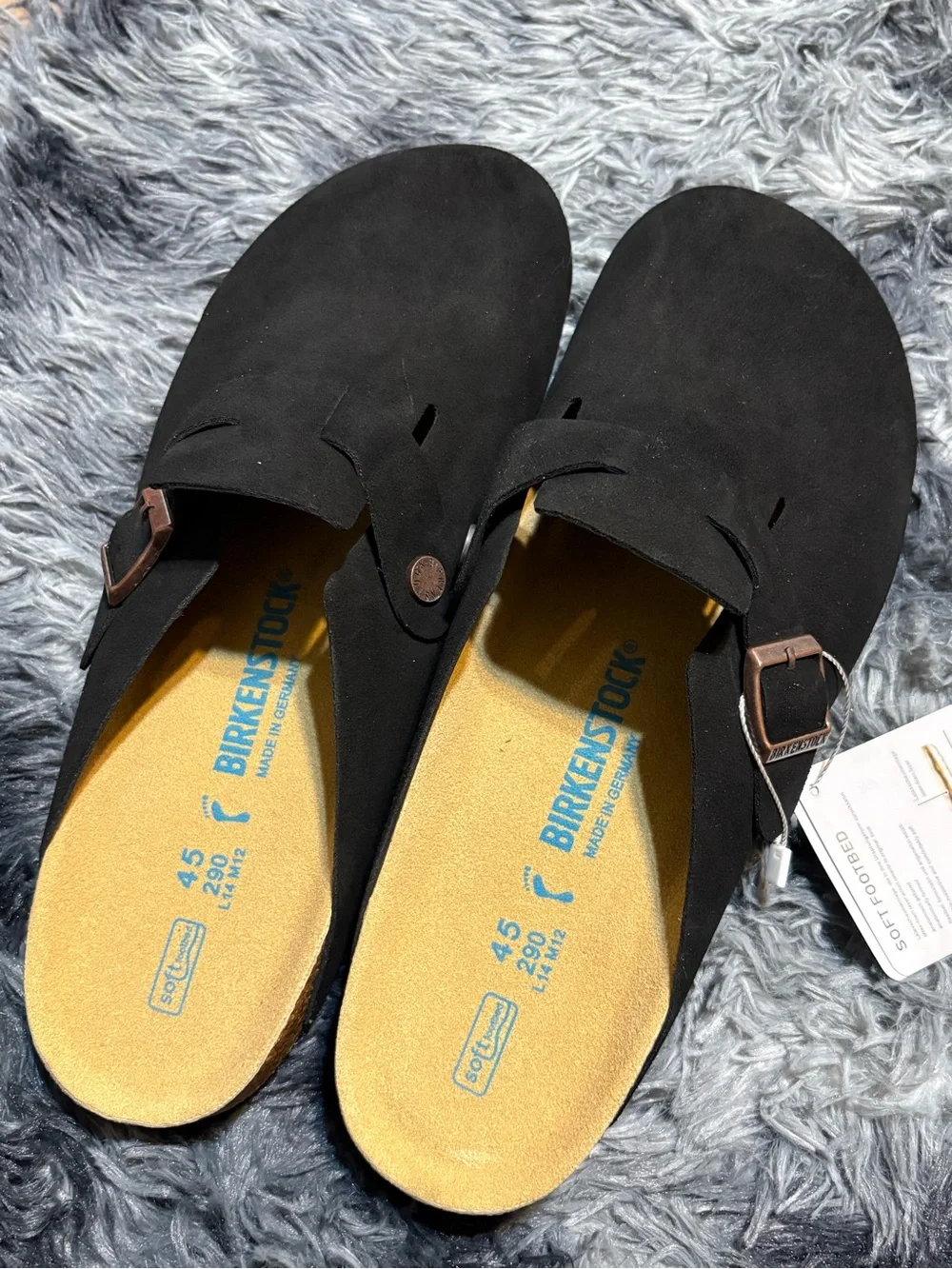 Birkenstock Black Suede Boston Clogs with Tan Footbed